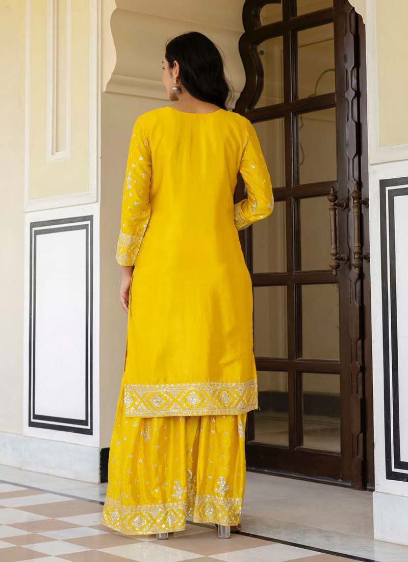 Prazu Fashion Yellow Chinon Silk Sequence Sharara Suit | Grocsy