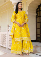 Prazu Fashion Yellow Chinon Silk Sequence Sharara Suit | Grocsy