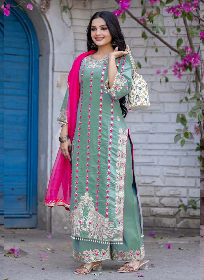 Prazu Fashion Sea Green Roman Silk Embroidered Salwar Suit | Grocsy