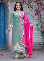 Prazu Fashion Sea Green Roman Silk Embroidered Salwar Suit | Grocsy