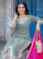 Prazu Fashion Sea Green Roman Silk Embroidered Salwar Suit | Grocsy