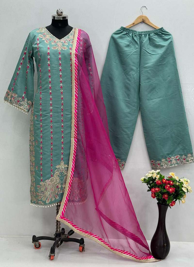Prazu Fashion Sea Green Roman Silk Embroidered Salwar Suit | Grocsy