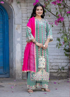 Prazu Fashion Sea Green Roman Silk Embroidered Salwar Suit | Grocsy