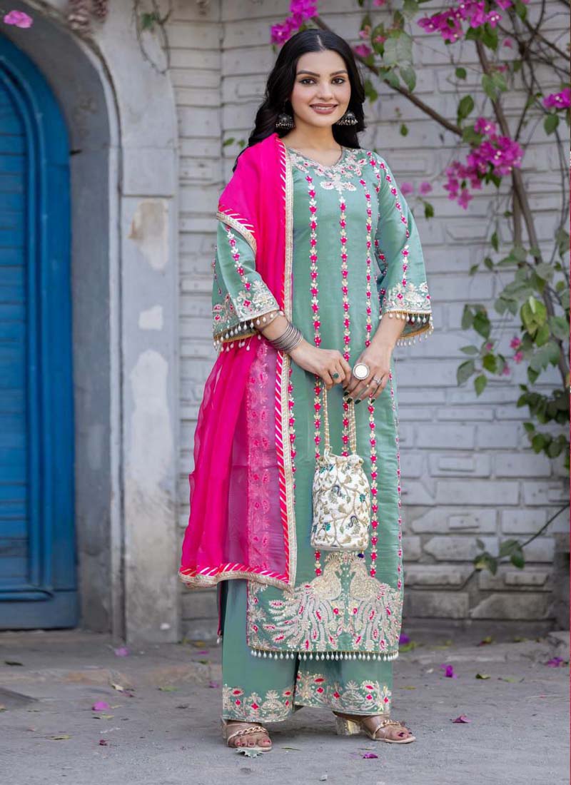 Prazu Fashion Sea Green Roman Silk Embroidered Salwar Suit | Grocsy