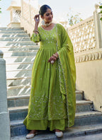 Prazu Fashion Parrot Green Chinon Silk Embroidered Nayra Cut Sharara Suit | Grocsy
