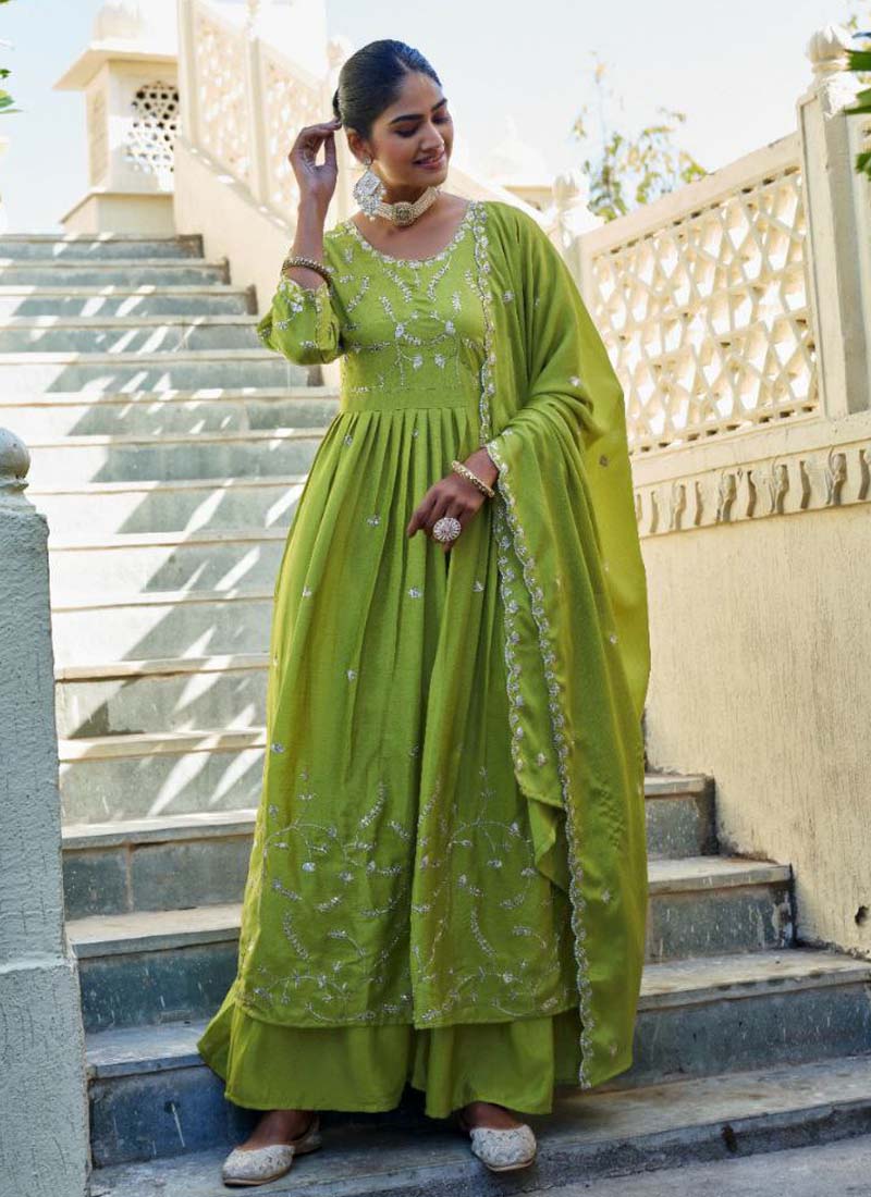 Prazu Fashion Parrot Green Chinon Silk Embroidered Nayra Cut Sharara Suit | Grocsy
