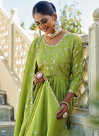 Prazu Fashion Parrot Green Chinon Silk Embroidered Nayra Cut Sharara Suit | Grocsy