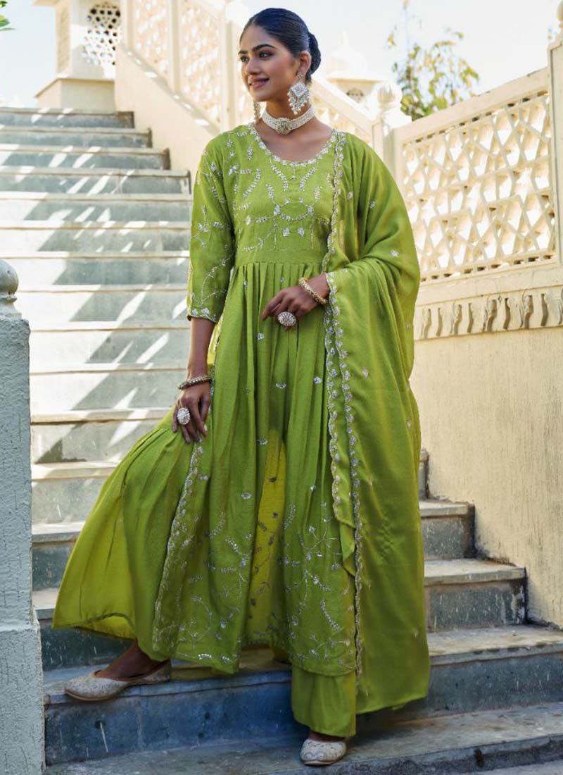 Prazu Fashion Parrot Green Chinon Silk Embroidered Nayra Cut Sharara Suit | Grocsy