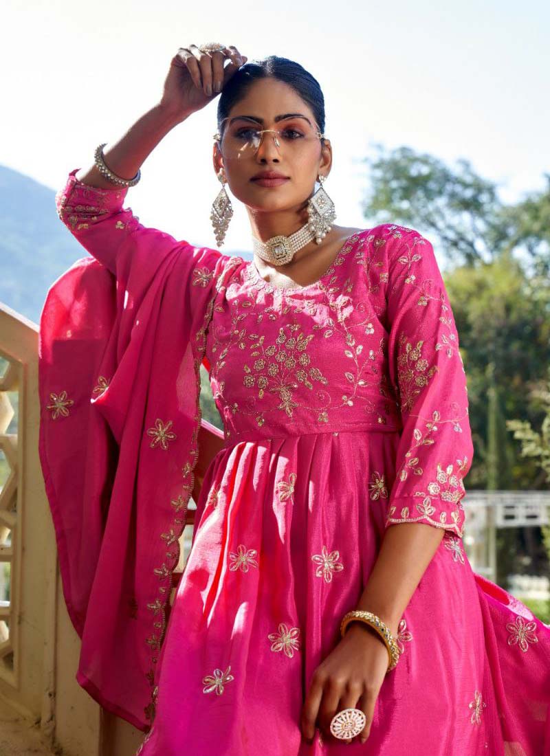 Prazu Fashion Rani Pink Chinon Silk Embroidered Nayra Cut Sharara Suit | Grocsy