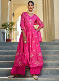 Prazu Fashion Rani Pink Chinon Silk Embroidered Nayra Cut Sharara Suit | Grocsy