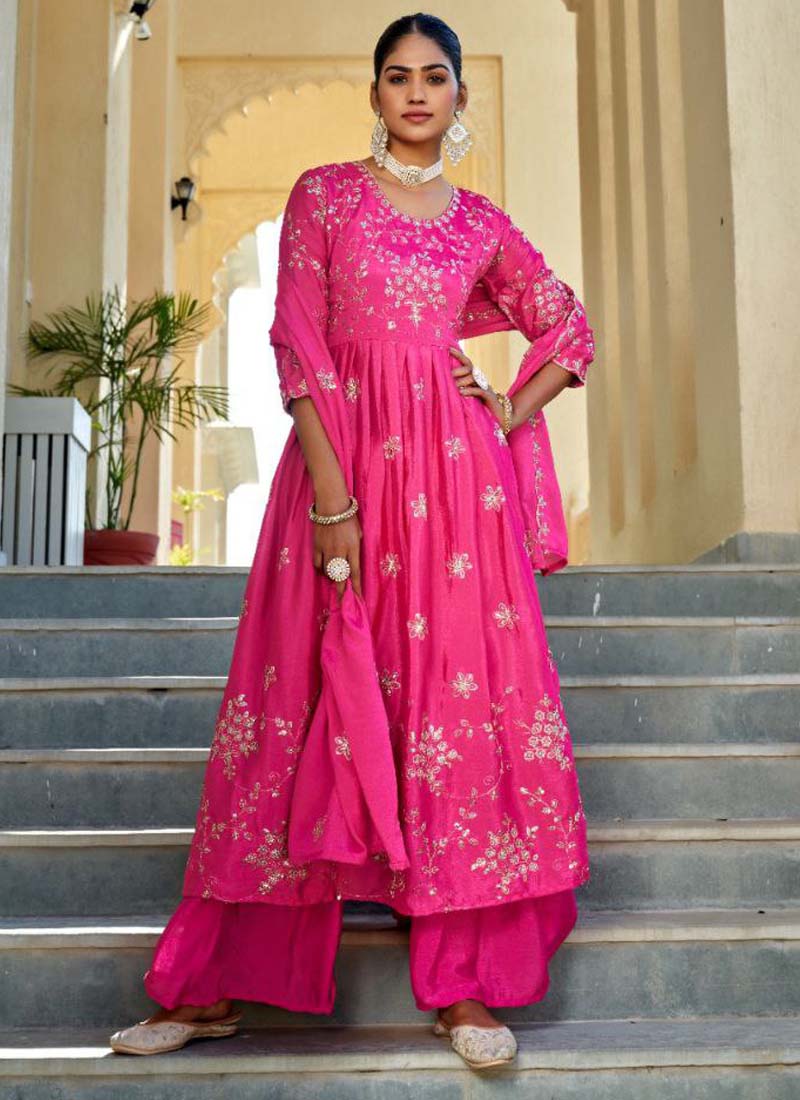 Prazu Fashion Rani Pink Chinon Silk Embroidered Nayra Cut Sharara Suit | Grocsy