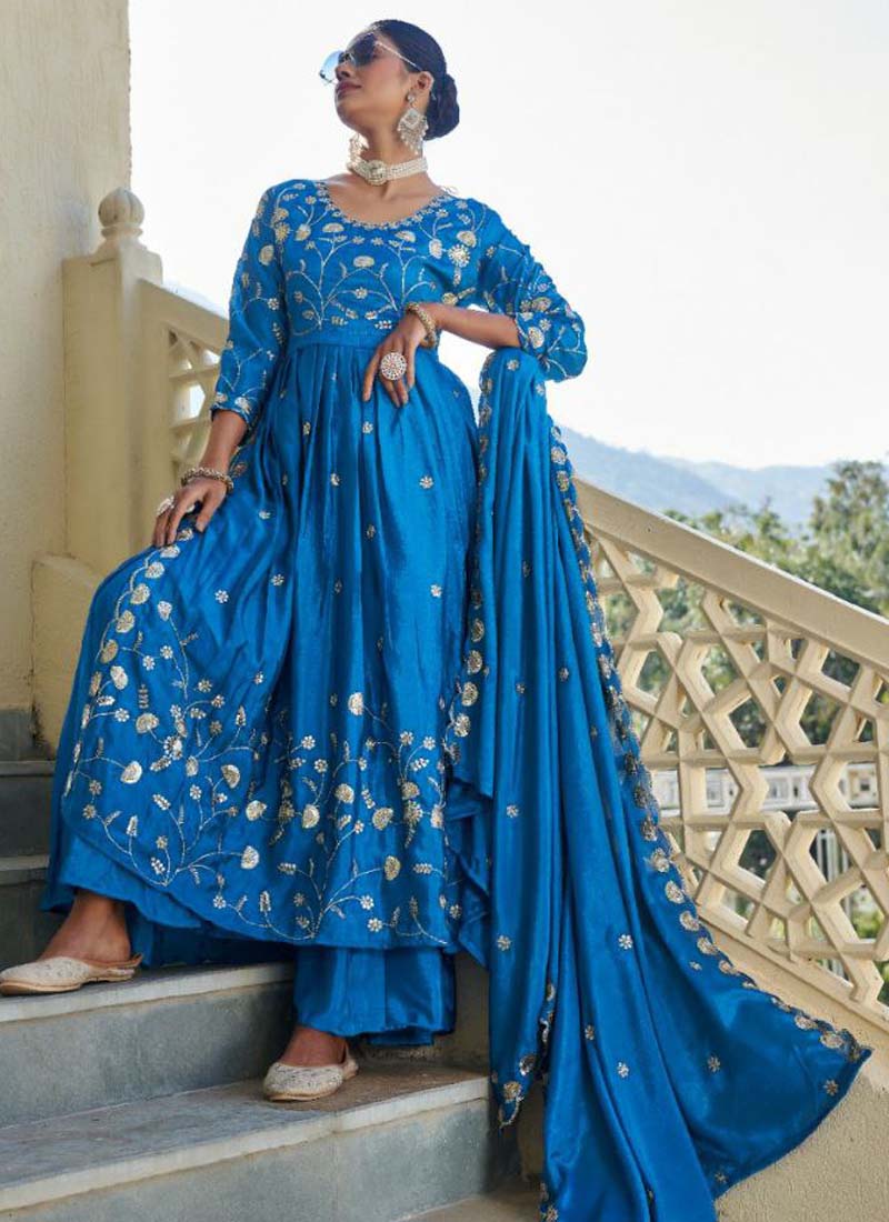 Prazu Fashion Sky Blue Chinon Silk Embroidered Nayra Cut Sharara Suit | Grocsy
