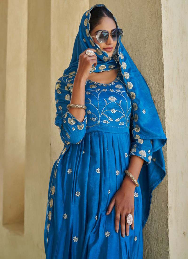 Prazu Fashion Sky Blue Chinon Silk Embroidered Nayra Cut Sharara Suit | Grocsy