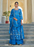 Prazu Fashion Sky Blue Chinon Silk Embroidered Nayra Cut Sharara Suit | Grocsy