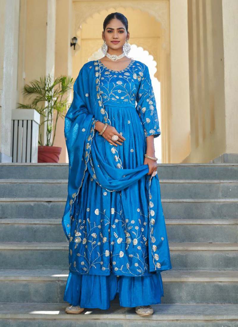 Prazu Fashion Sky Blue Chinon Silk Embroidered Nayra Cut Sharara Suit | Grocsy