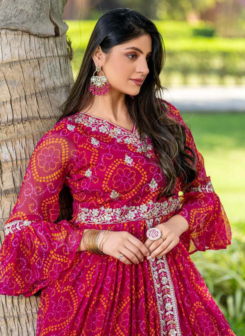 Prazu Fashion Red Pink Bandhej Embroidered Top With Lehenga | Grocsy