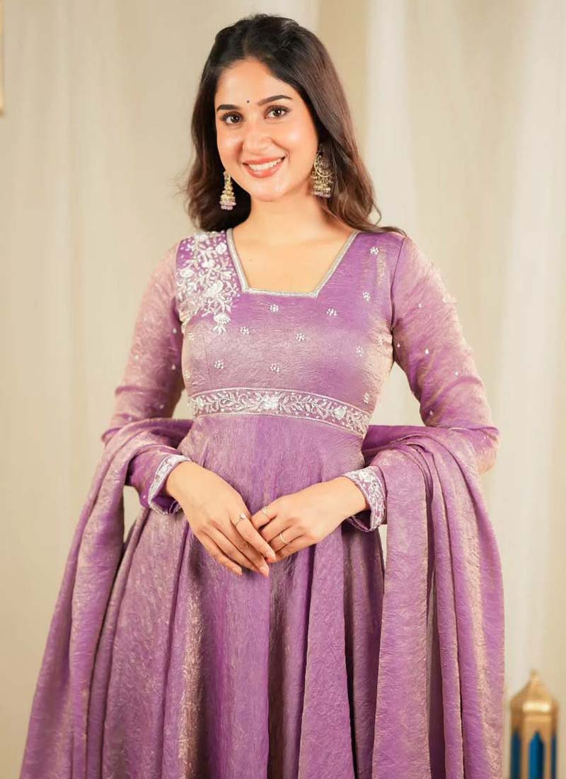 Prazu Fashion Lavender Goldcrush Silk Embroidered Gown With Dupatta | Grocsy