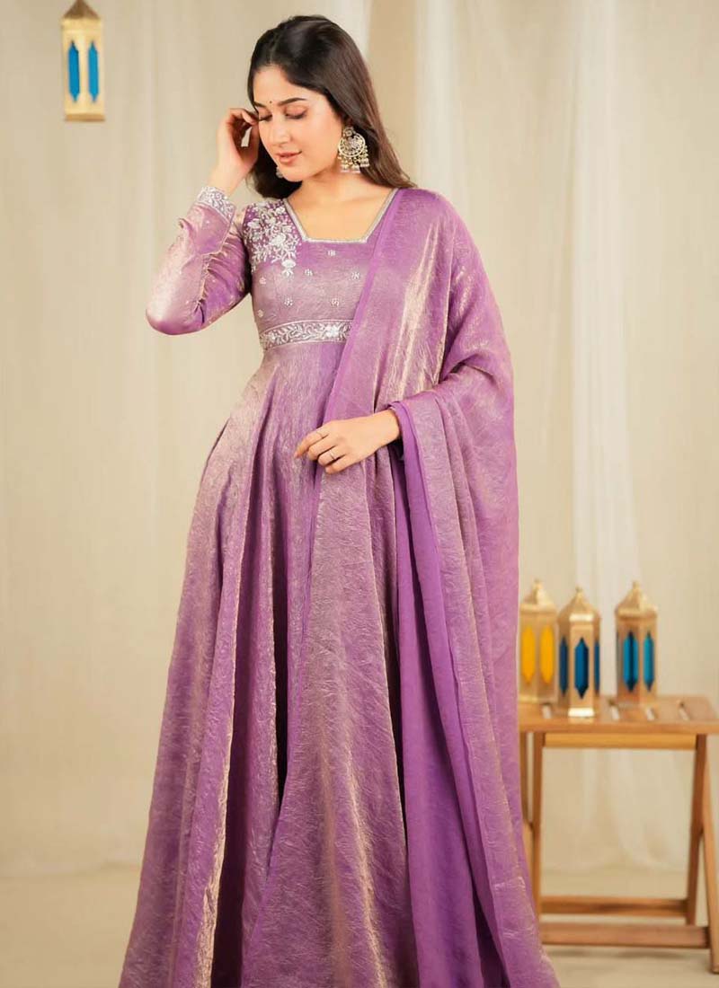Prazu Fashion Lavender Goldcrush Silk Embroidered Gown With Dupatta | Grocsy
