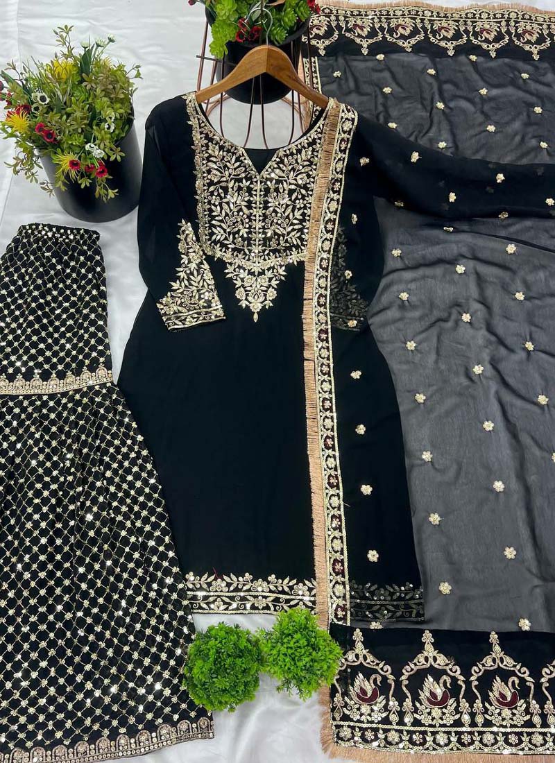 Prazu Fashion Black Georgette Embroidered Sharara Suit | Grocsy