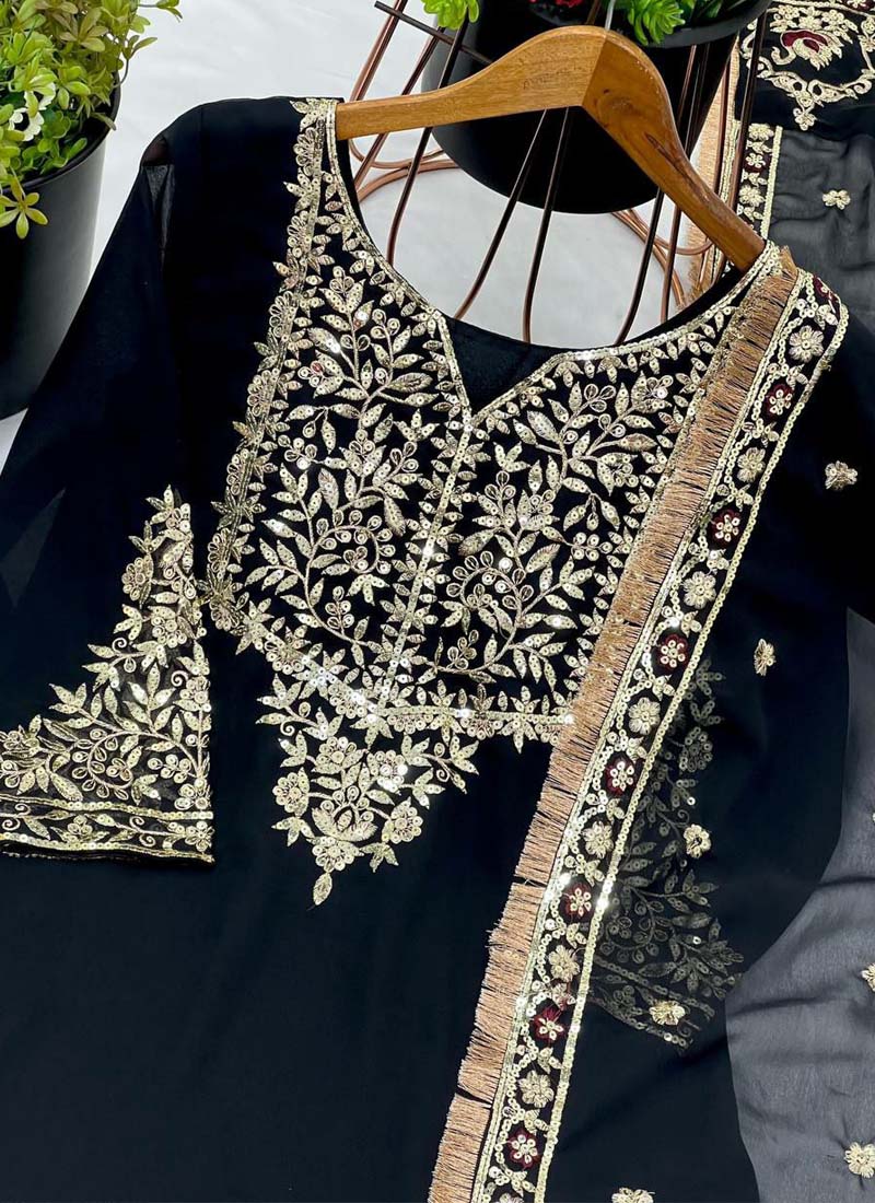Prazu Fashion Black Georgette Embroidered Sharara Suit | Grocsy