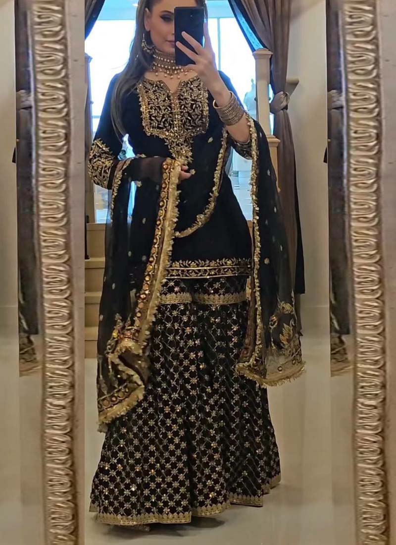 Prazu Fashion Black Georgette Embroidered Sharara Suit | Grocsy