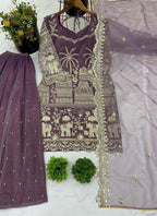 Prazu Fashion Lavender Organza Embroidered Palazzo Suit | Grocsy
