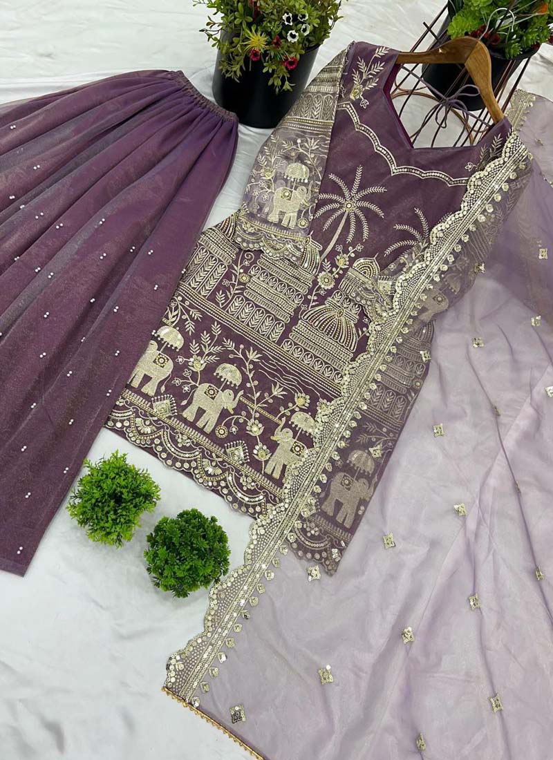 Prazu Fashion Lavender Organza Embroidered Palazzo Suit | Grocsy