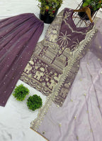 Prazu Fashion Lavender Organza Embroidered Palazzo Suit | Grocsy