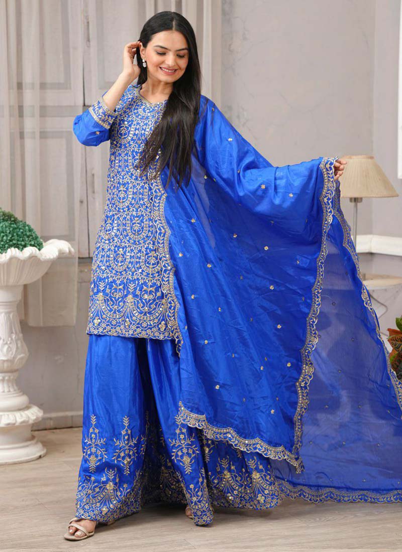 Prazu Fashion Royal Blue Chinon Silk Embroiederd Sharara Suit | Grocsy