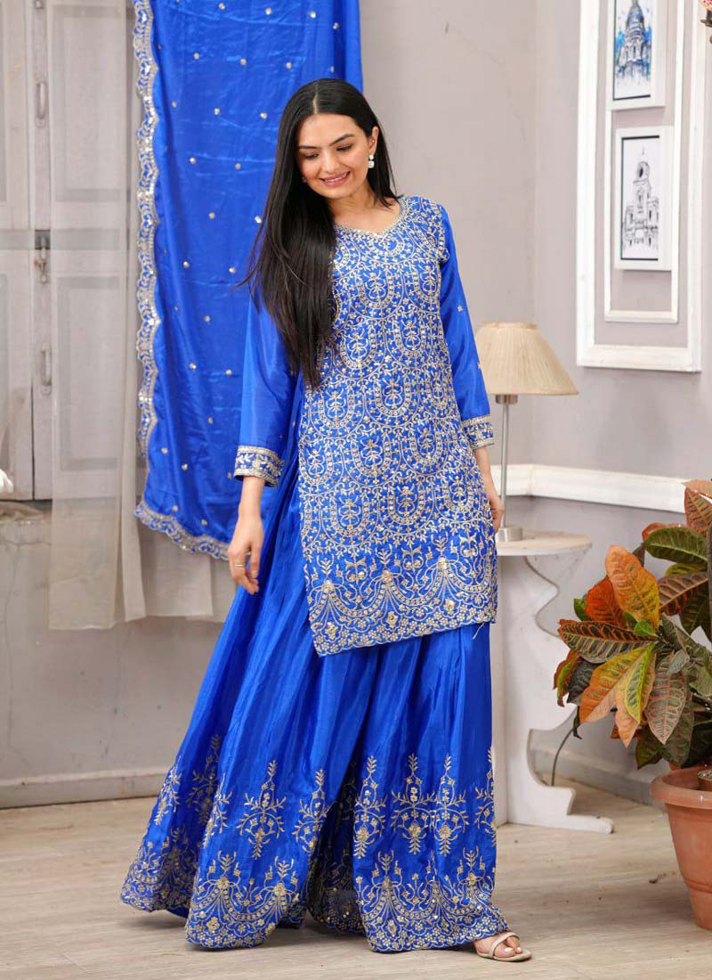Prazu Fashion Royal Blue Chinon Silk Embroiederd Sharara Suit | Grocsy