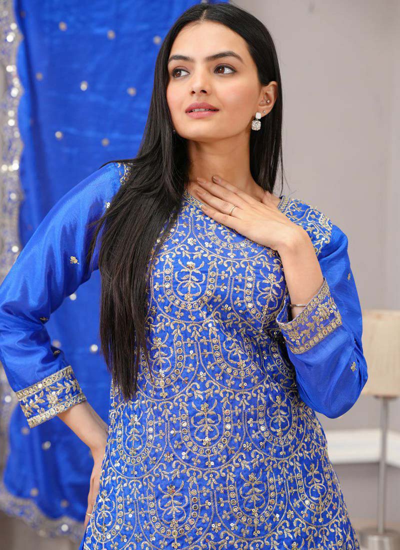 Prazu Fashion Royal Blue Chinon Silk Embroiederd Sharara Suit | Grocsy