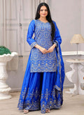 Prazu Fashion Royal Blue Chinon Silk Embroiederd Sharara Suit | Grocsy