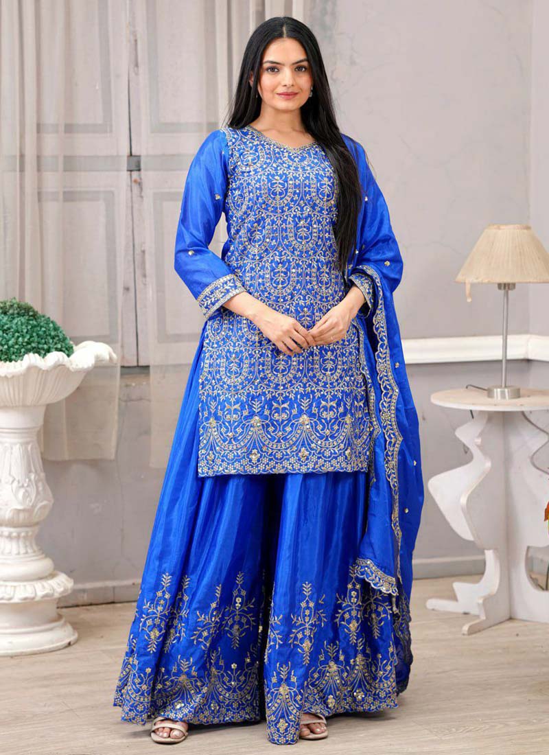 Prazu Fashion Royal Blue Chinon Silk Embroiederd Sharara Suit | Grocsy