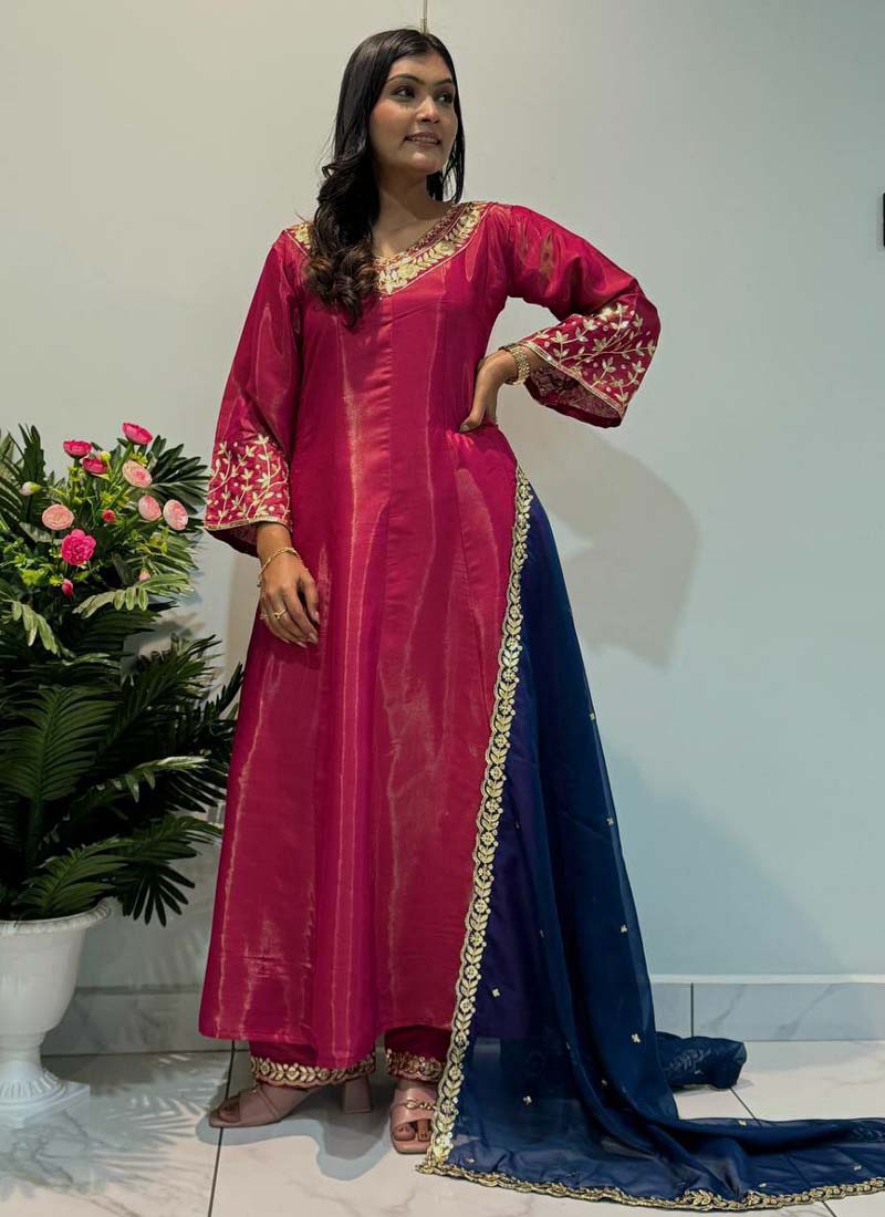 Prazu Fashion Rani Pink Roman Silk Embroidered Anarkali Suit | Grocsy