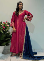 Prazu Fashion Rani Pink Roman Silk Embroidered Anarkali Suit | Grocsy