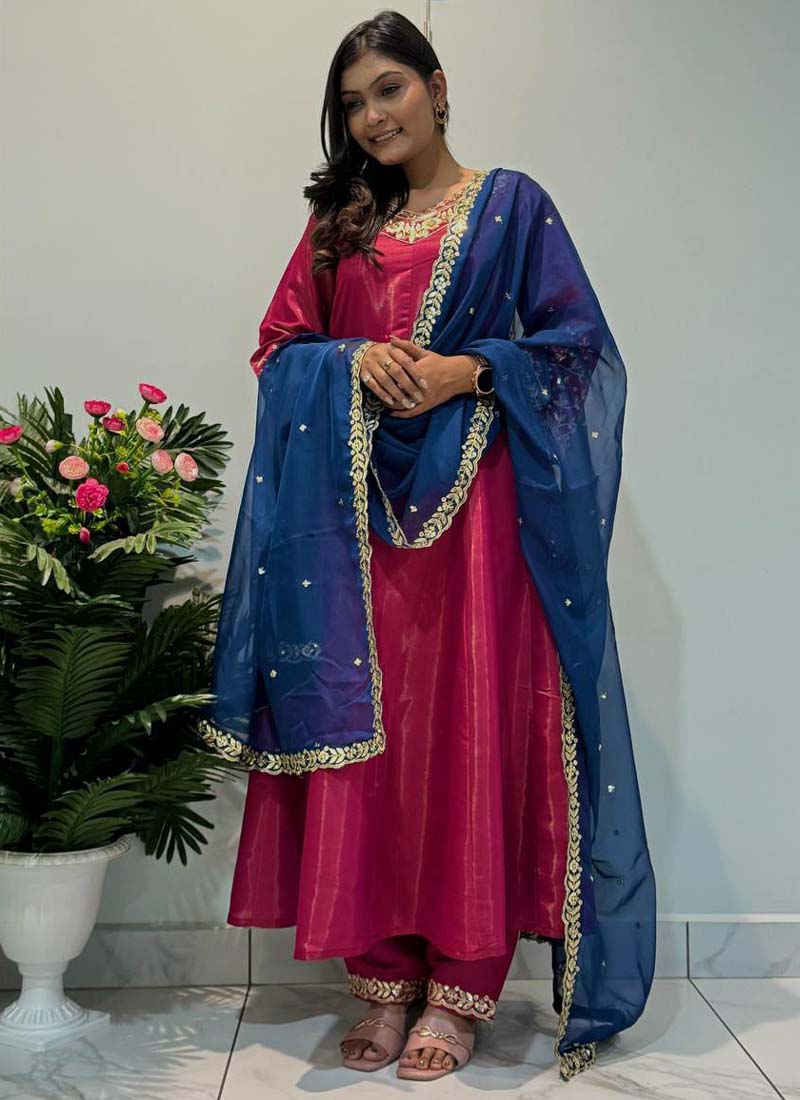 Prazu Fashion Rani Pink Roman Silk Embroidered Anarkali Suit | Grocsy