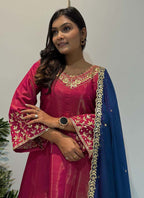 Prazu Fashion Rani Pink Roman Silk Embroidered Anarkali Suit | Grocsy