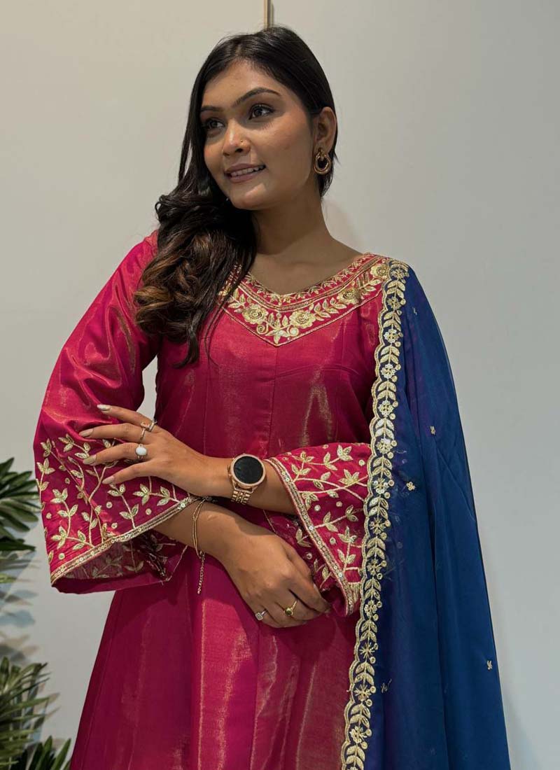 Prazu Fashion Rani Pink Roman Silk Embroidered Anarkali Suit | Grocsy