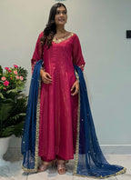 Prazu Fashion Rani Pink Roman Silk Embroidered Anarkali Suit | Grocsy