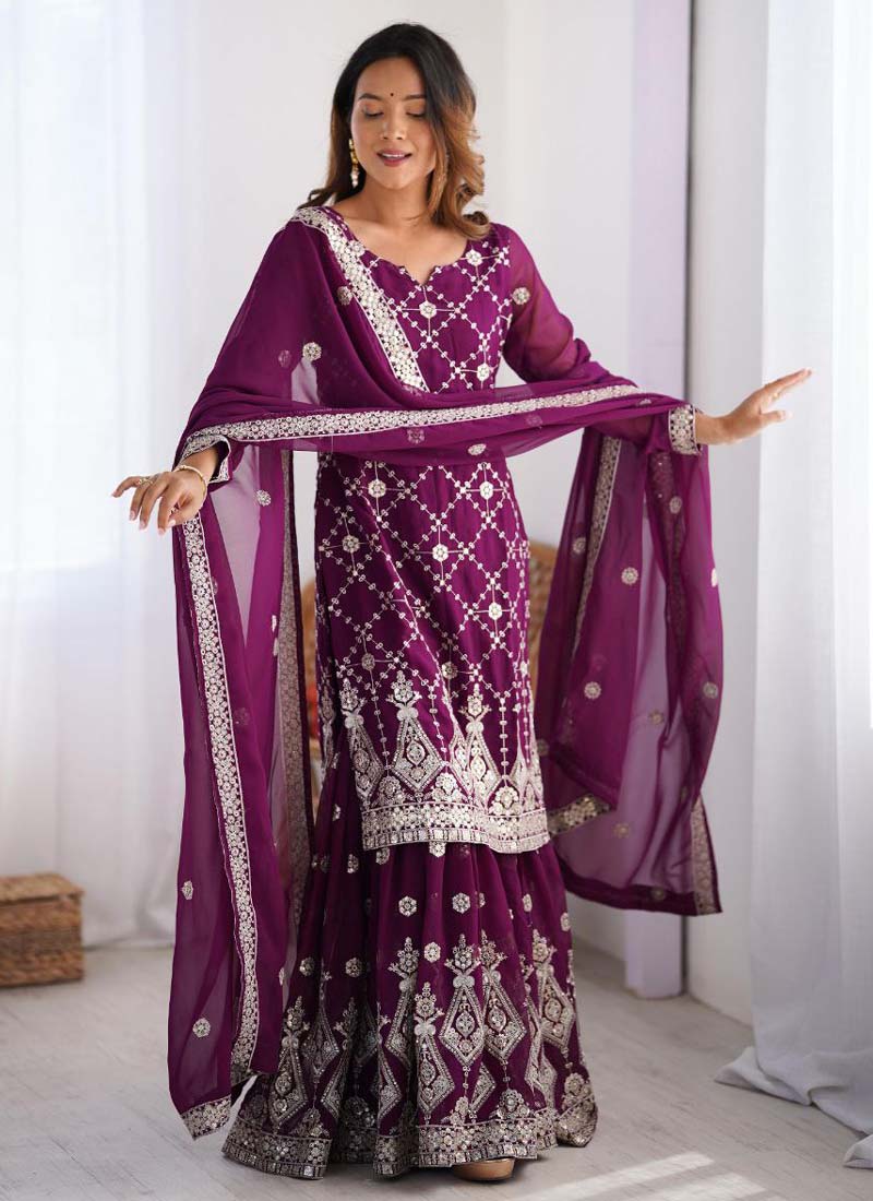 Prazu Fashion Purple Georgette Sequence Palazzo Suit | Grocsy