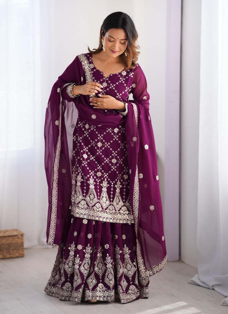 Prazu Fashion Purple Georgette Sequence Palazzo Suit | Grocsy