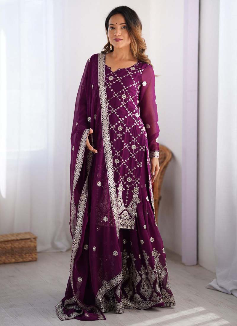 Prazu Fashion Purple Georgette Sequence Palazzo Suit | Grocsy