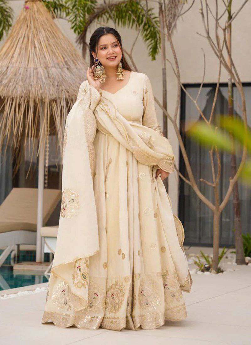 Prazu Fashion Off White Chinon Silk Sequence Anarkali Suit | Grocsy