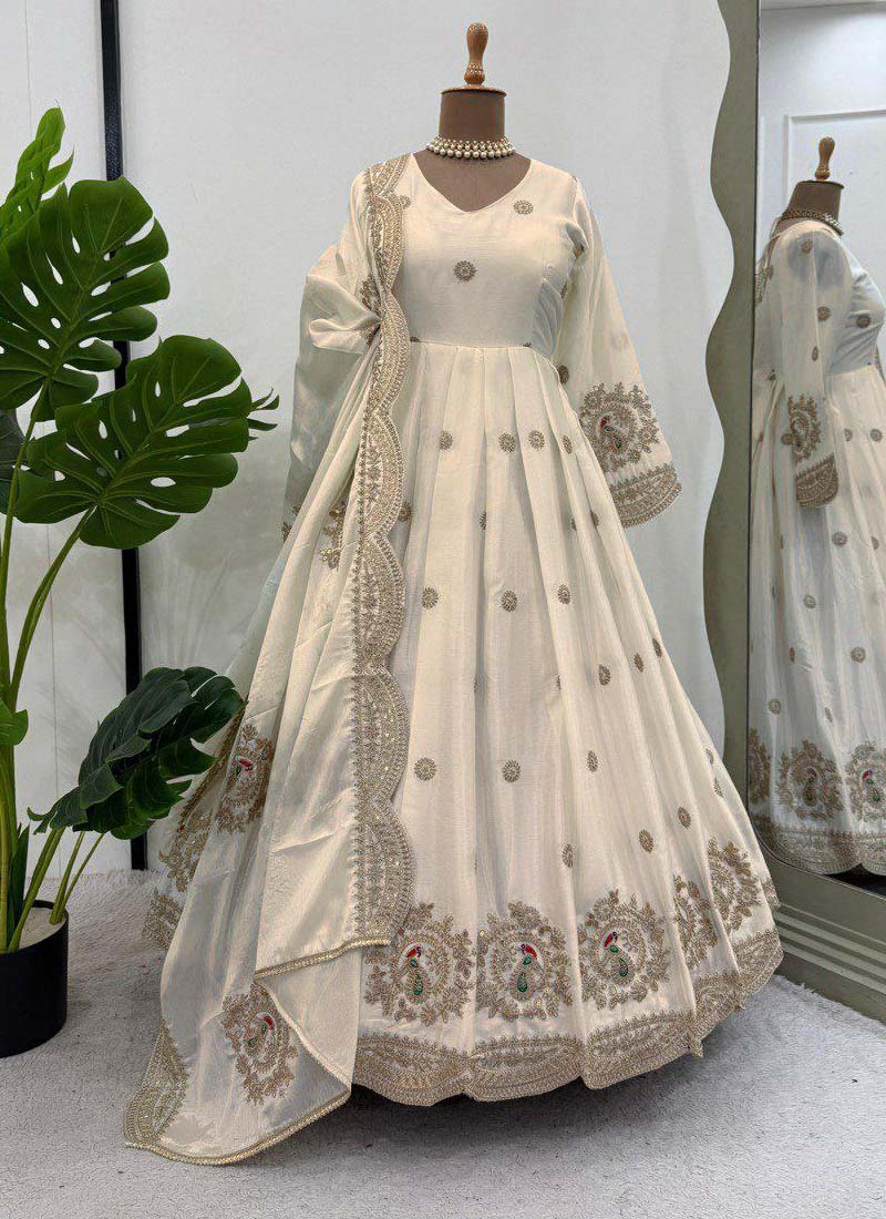 Prazu Fashion Off White Chinon Silk Sequence Anarkali Suit | Grocsy