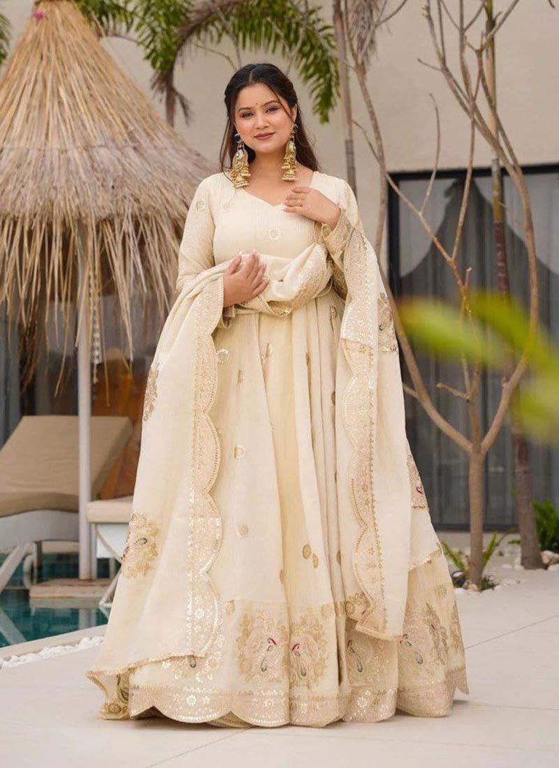 Prazu Fashion Off White Chinon Silk Sequence Anarkali Suit | Grocsy