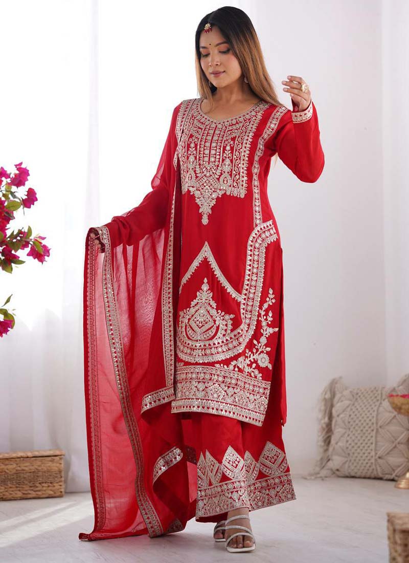 Prazu Fashion Red Vichitra Silk Embroidered Salwar Suit | Grocsy