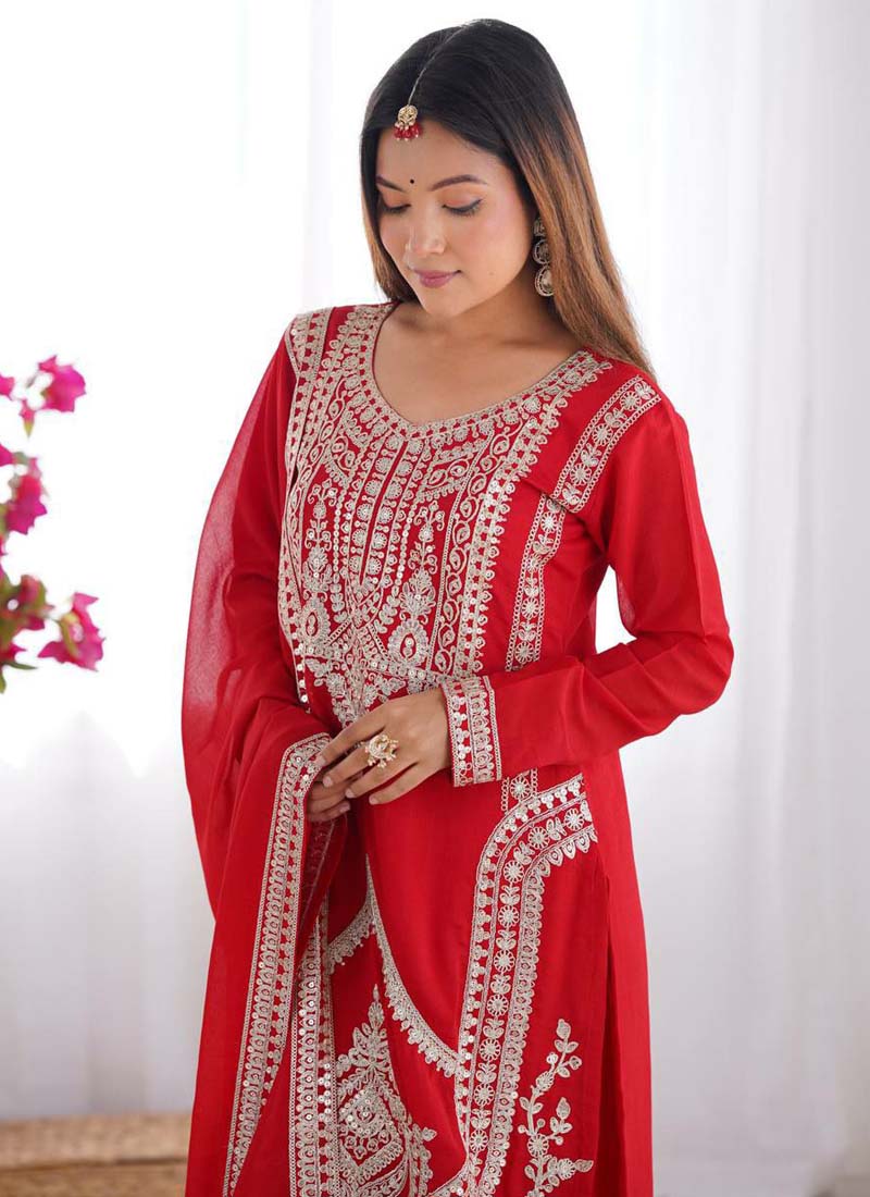 Prazu Fashion Red Vichitra Silk Embroidered Salwar Suit | Grocsy