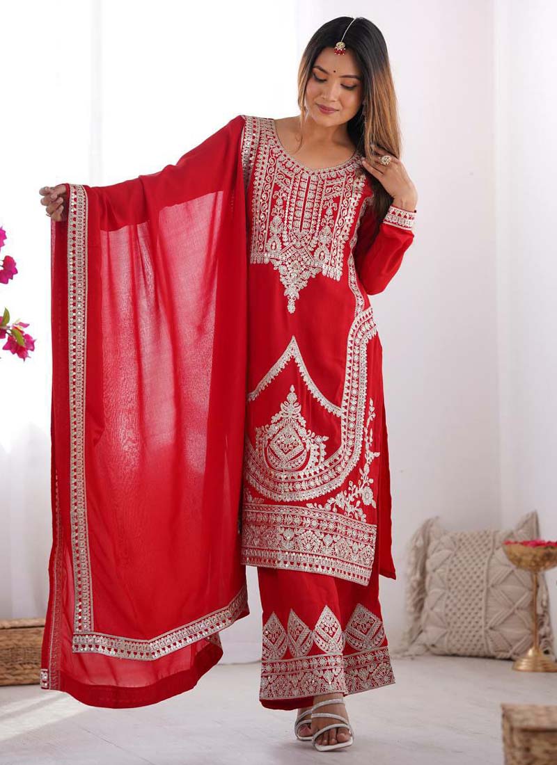 Prazu Fashion Red Vichitra Silk Embroidered Salwar Suit | Grocsy