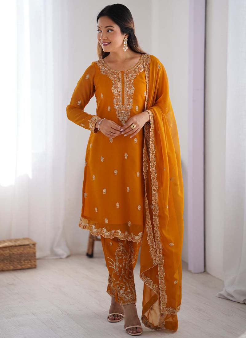 Prazu Fashion Yellow Georgette Thread Work Salwar Suit | Grocsy