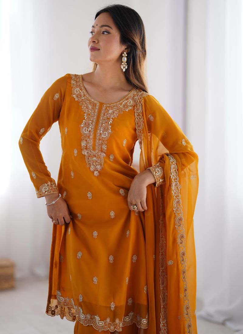 Prazu Fashion Yellow Georgette Thread Work Salwar Suit | Grocsy